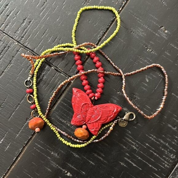 David Aubrey Coral Ted Butterfly Green Seed Bead Layered Necklace Luxury​​​​​ - Picture 1 of 9